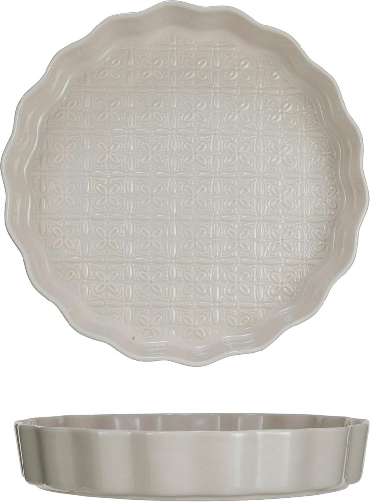 A round ceramic pie dish with scalloped edges and a raised geometric pattern on the interior—perfect for baking a sourdough pie crust—shown from top and side views.