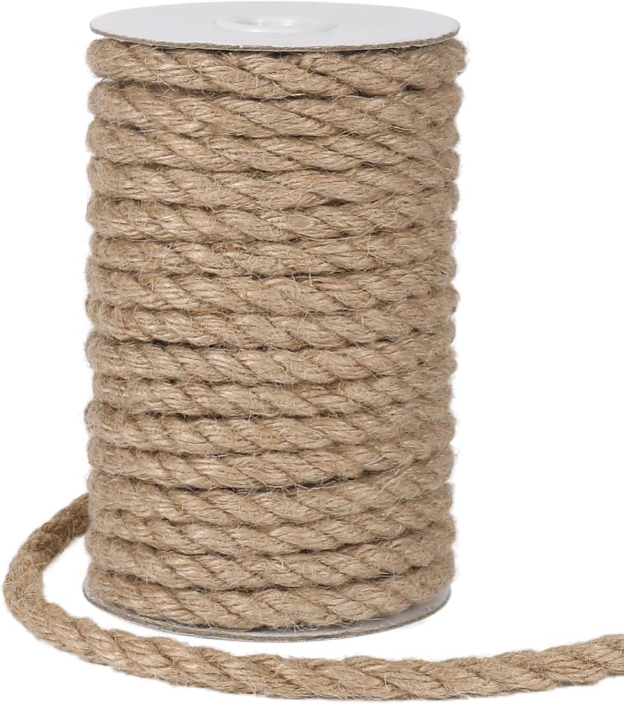 A spool of thick, twisted jute rope is shown, with a loose end extending from the bottom.