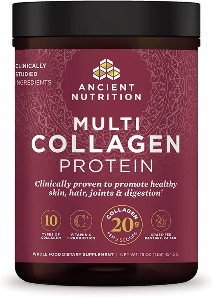 A container of Ancient Nutrition Multi Collagen Protein, available on Amazon Prime, features 10 types of collagen, probiotics, and vitamin C. It promotes healthy skin, hair, joints, and digestion.