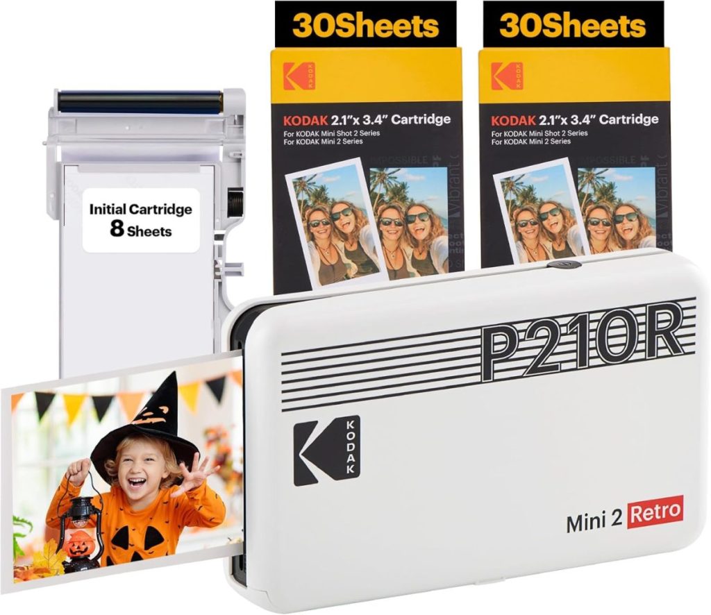 The Kodak Mini 2 Retro printer set, available on Amazon Prime, includes an instant photo feature, two 30-sheet cartridges, and one initial 8-sheet cartridge.