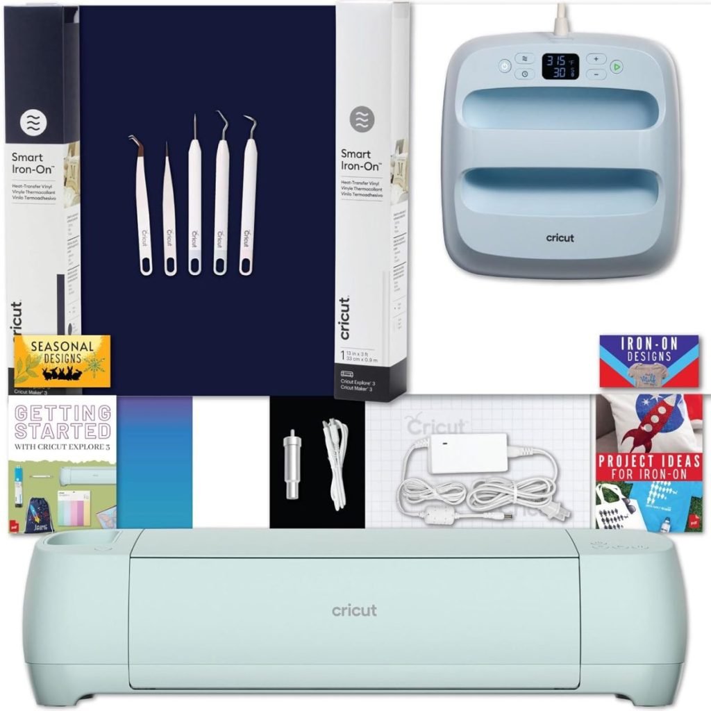 Cricut crafting bundle with cutting machine, tool set, smart iron-on, instructional books, and accessories available on Amazon Prime.