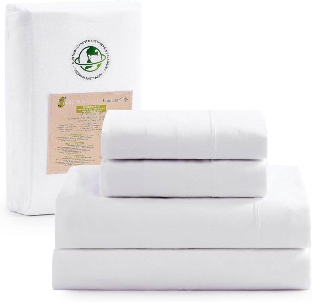 A set of folded white bed sheets, available with Amazon Prime, features packaging adorned with a green eco-friendly symbol.