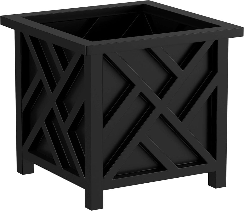 A black square planter box with a lattice design on its sides and an open top, perfect for adding a touch of elegance to your Airbnb space in Waco.