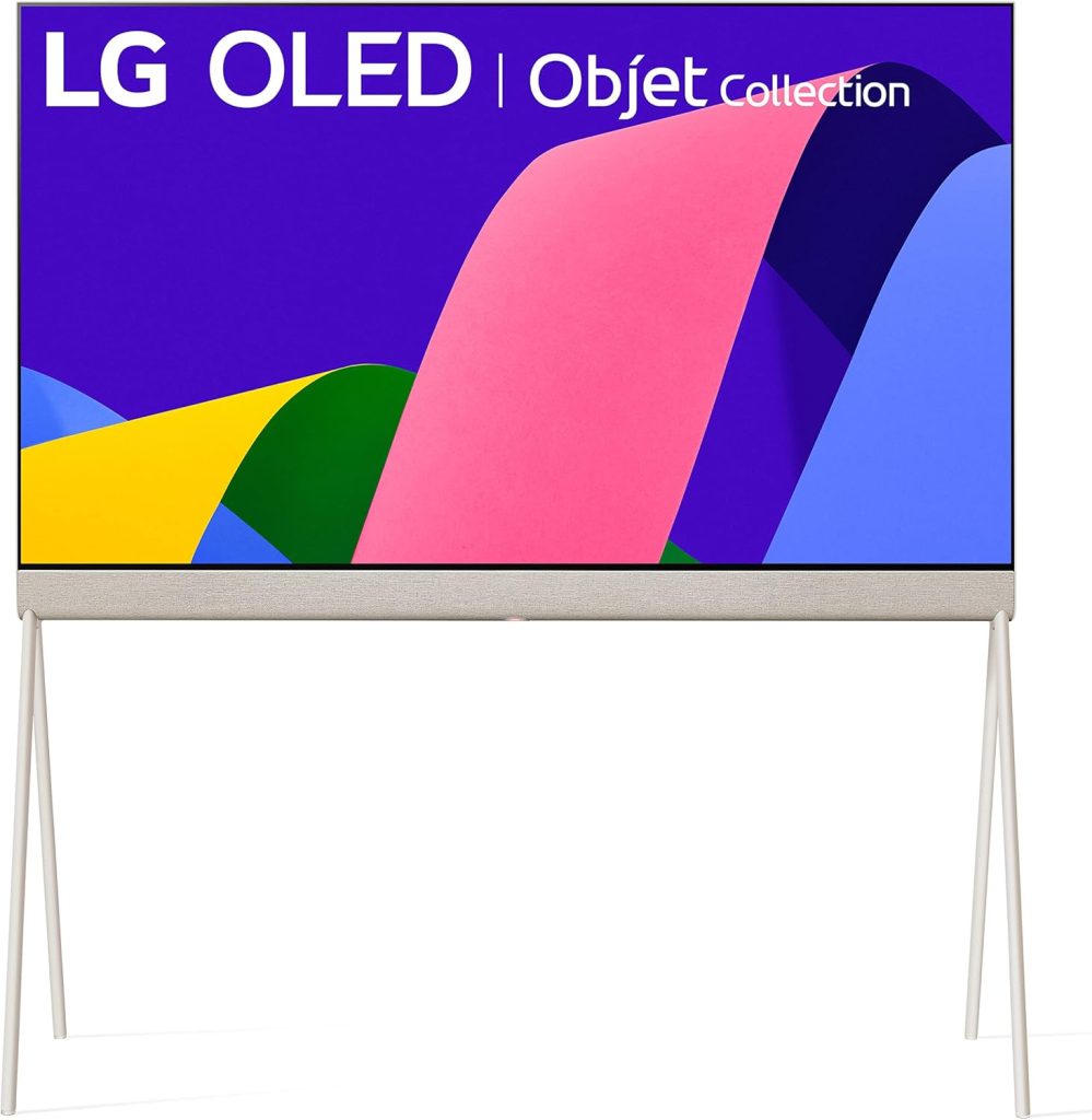 LG OLED Objet Collection TV with a colorful abstract screen on a minimalist stand, perfect for streaming your favorite Amazon Prime content in stunning quality.