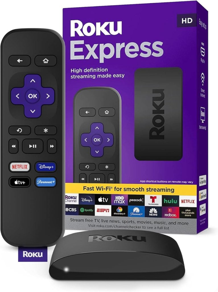 Roku Express streaming device package with remote control and HDMI cable, featuring brand logos like Netflix, YouTube, Disney+, Amazon Prime Video, and more on the box.