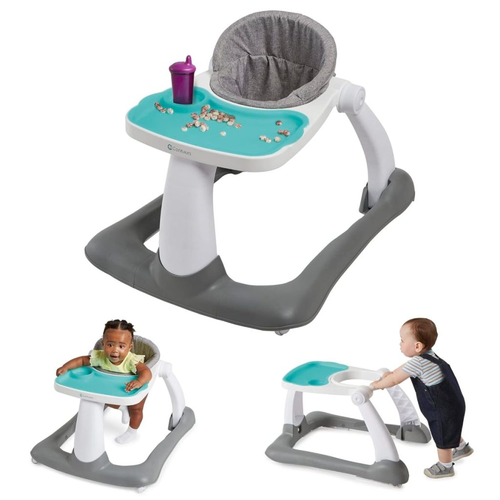 A baby activity center with a seat and stand-up walker configuration, featuring a blue tray with snacks and a cup. Two babies interact with different setups, all available for quick delivery through Amazon Prime.