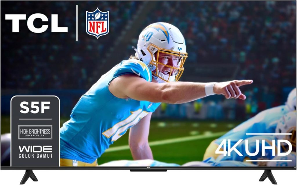 Football player in a light blue uniform gestures on the field, showcased on a TCL 4K UHD TV screen with NFL logo and product specifications, available now on Amazon Prime.