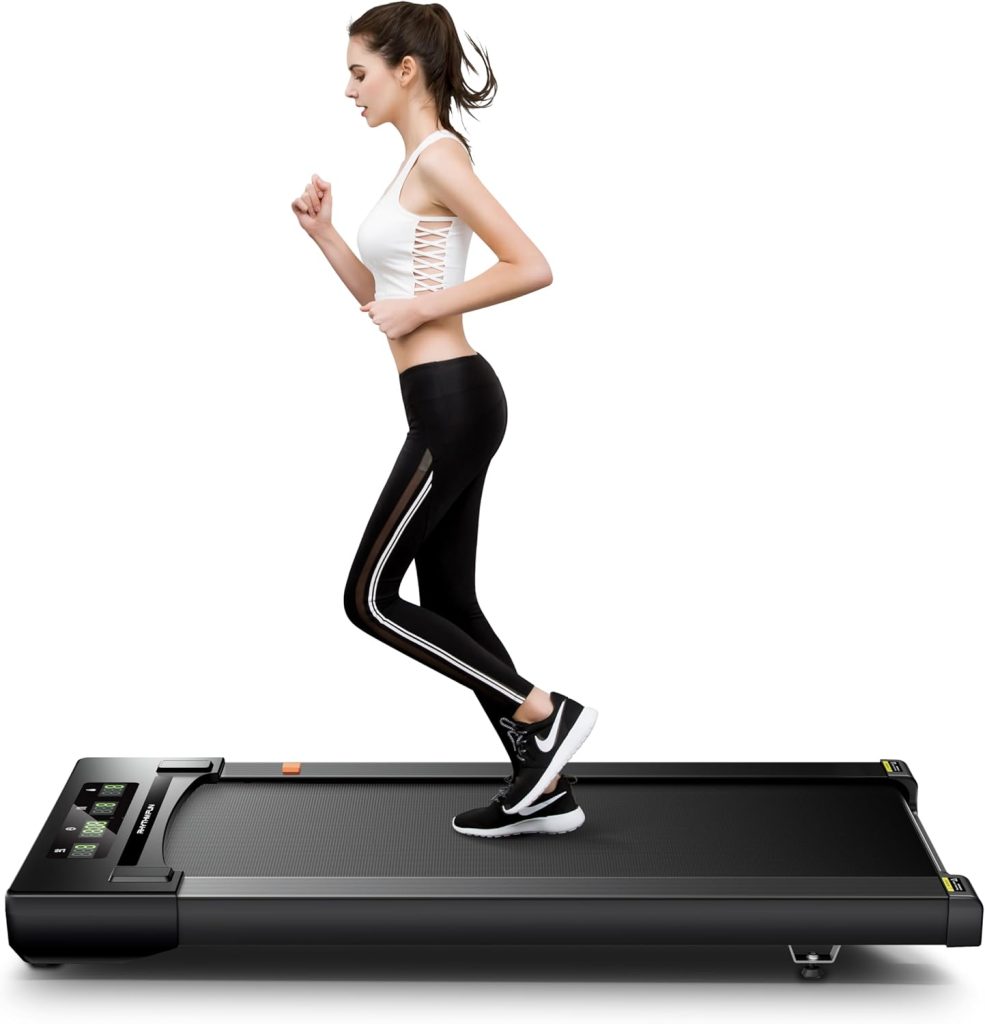 A woman in athletic wear, inspired by her Amazon Prime fitness series, runs on a black treadmill.