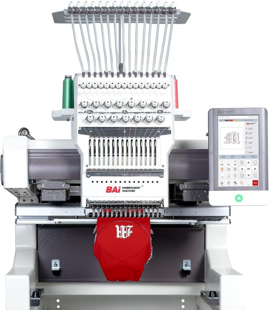 An embroidery machine stitches a red fabric with a white pattern, featuring spools of red and green thread on top and a control screen to the side, much like the precision you'd expect from Amazon Prime's efficient delivery system.