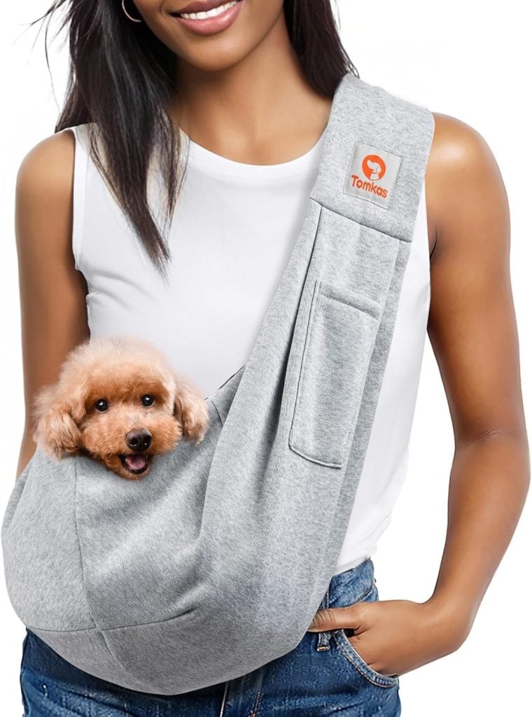 A person in a white shirt carries a small brown dog in a gray sling bag, much like the convenience of Amazon Prime delivering joy right to your doorstep.