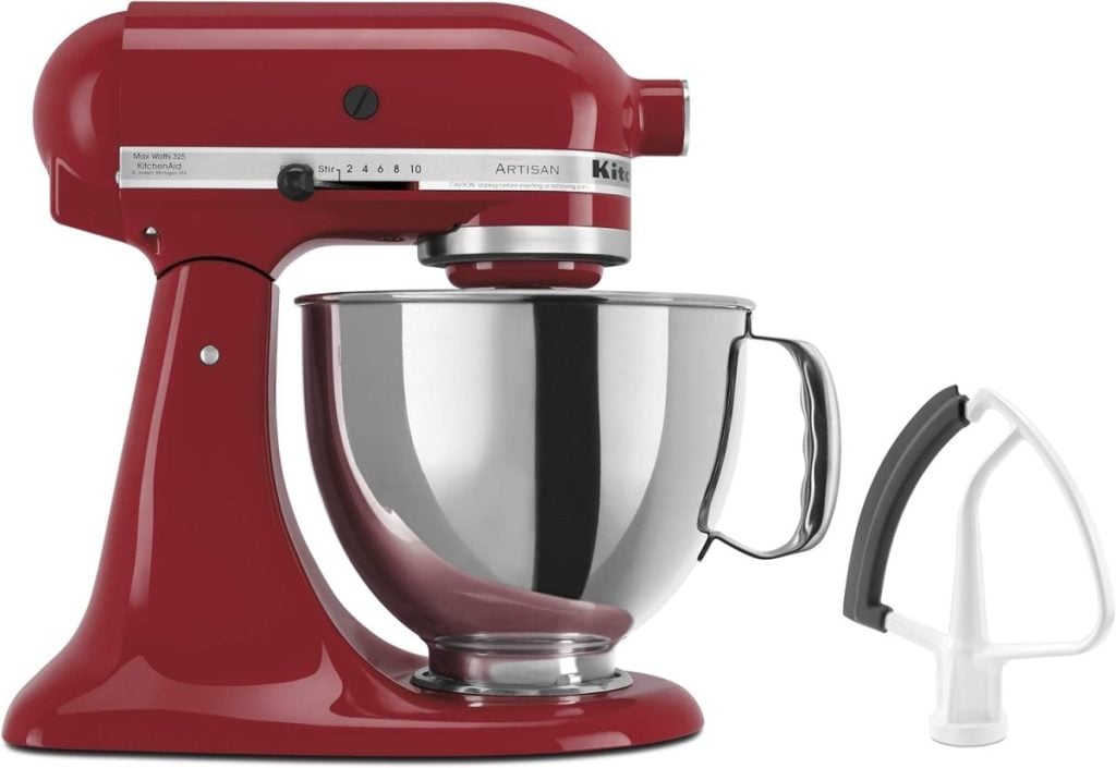 Red stand mixer with a stainless steel bowl, plus an additional beater attachment, available for fast delivery through Amazon Prime.