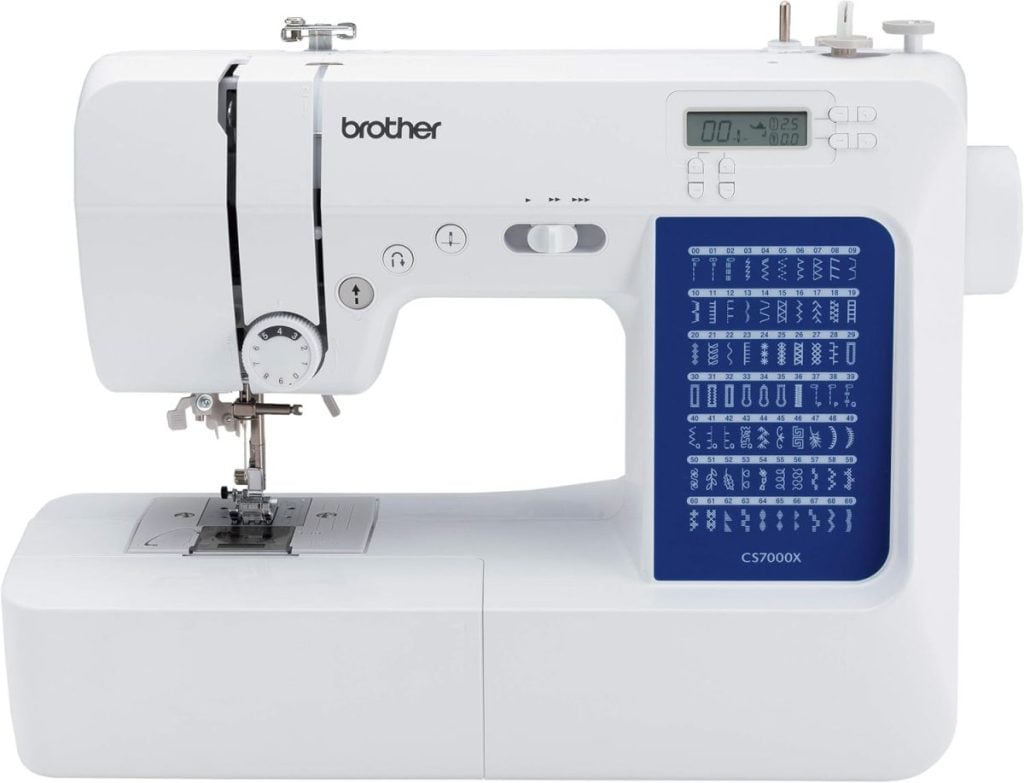 A sleek white Brother CS7000X sewing machine featuring various stitch options, an LED screen, and multiple control buttons, available with fast shipping options on Amazon Prime.