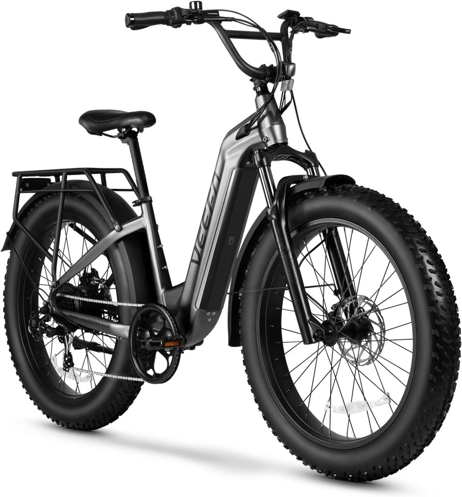 A black electric bicycle with fat tires, a step-through frame, and a rear cargo rack is showcased from the side against a plain background, ready for your next adventure with Amazon Prime delivery.