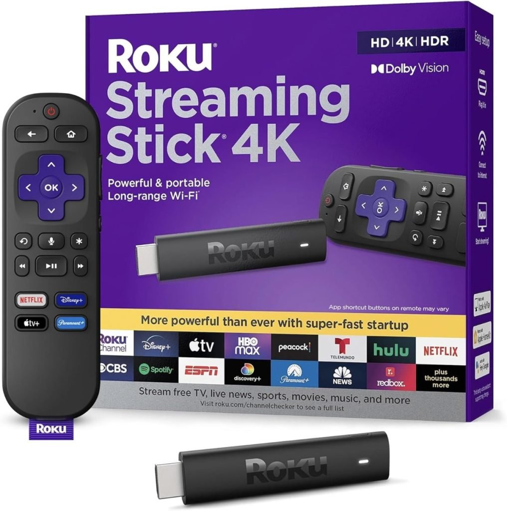 The Roku Streaming Stick 4K packaging showcases the remote and device, offering features like HD, 4K, HDR, Dolby Vision, and logos for various streaming services including Amazon Prime. Emphasizing portability and Wi-Fi capabilities, it's perfect for on-the-go entertainment.