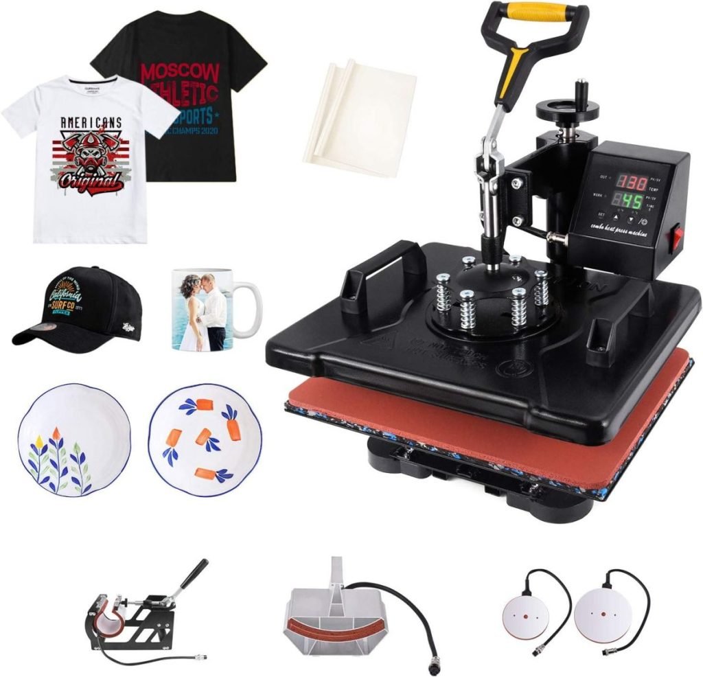 Heat press machine now available with Amazon Prime, featuring a variety of accessories like printed t-shirts, caps, mugs, ceramic plates, and transfer paper sheets.