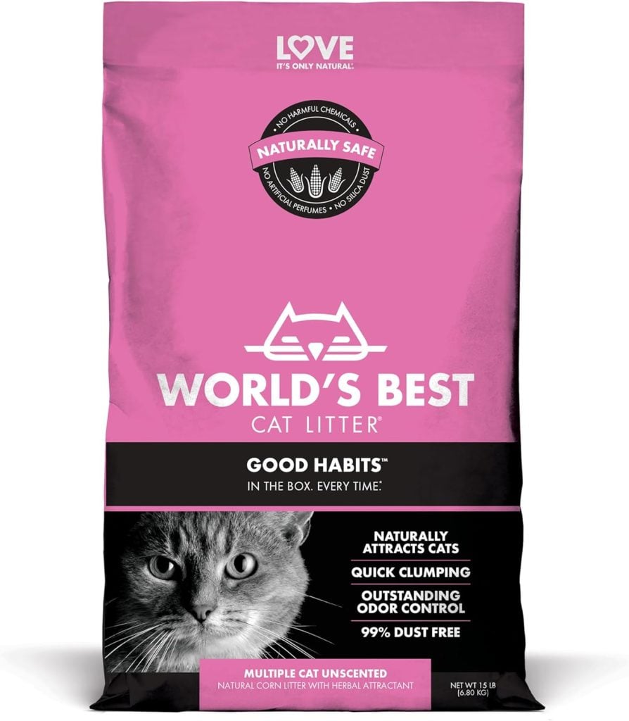 The pink and black packaging of "World's Best Cat Litter" features a cat image and highlights quick clumping, odor control, and 99% dust-free benefits. Available through Amazon Prime for fast delivery.