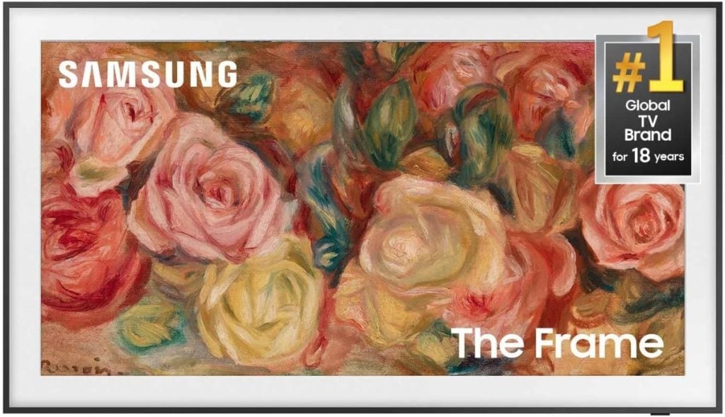 A Samsung The Frame TV display with a floral painting, featuring pink and yellow roses. Text reads "#1 Global TV Brand for 18 years." Stream your favorite shows on Amazon Prime with stunning clarity and color.