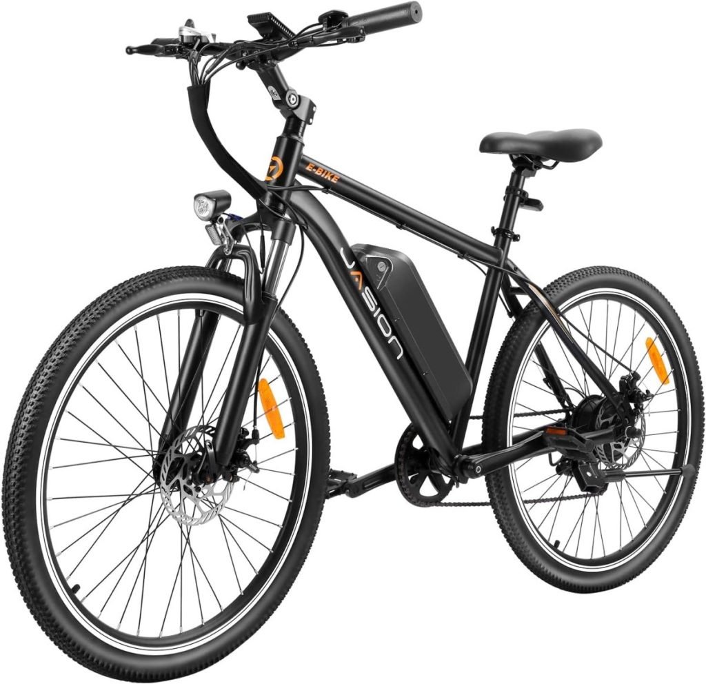 Electric bicycle with a sleek black frame, illuminated headlight, and disc brakes, available for fast delivery through Amazon Prime. The bike features a prominent rechargeable battery seamlessly mounted on the frame.