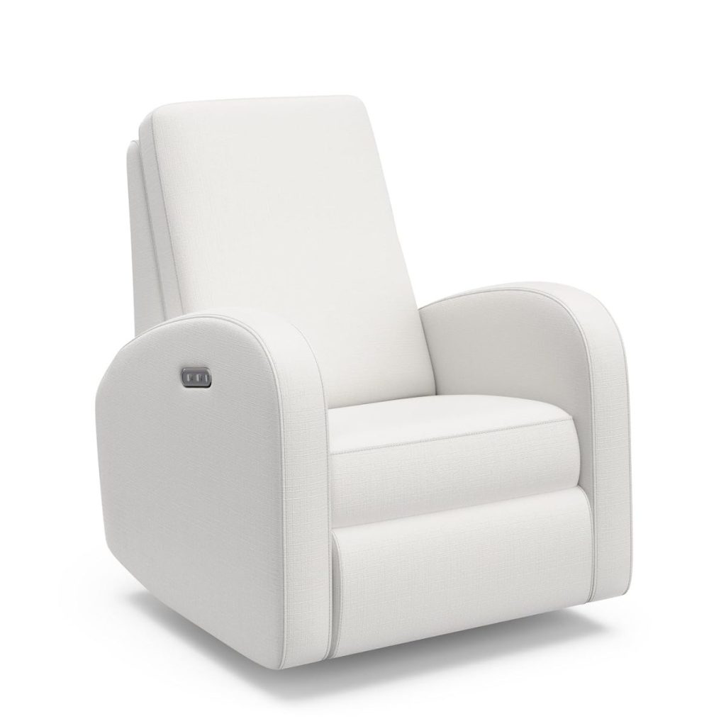 A sleek white recliner chair featuring an electric control panel on the left armrest is showcased against a plain white background, perfect for unwinding while streaming your favorite shows on Amazon Prime.