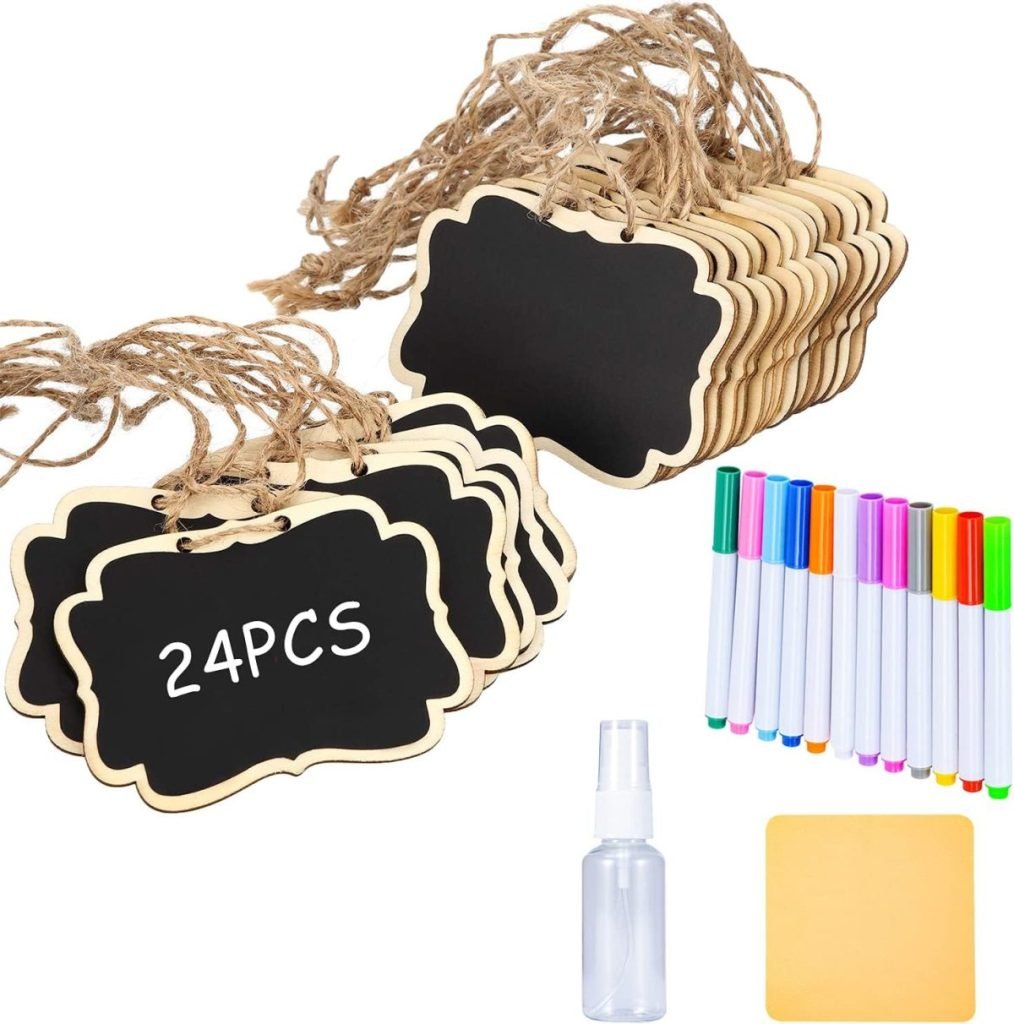 A set of 24 black chalkboard tags with twine, colored markers, a spray bottle, and a yellow cloth — perfect for adding personalized messages to your Thanksgiving plates.