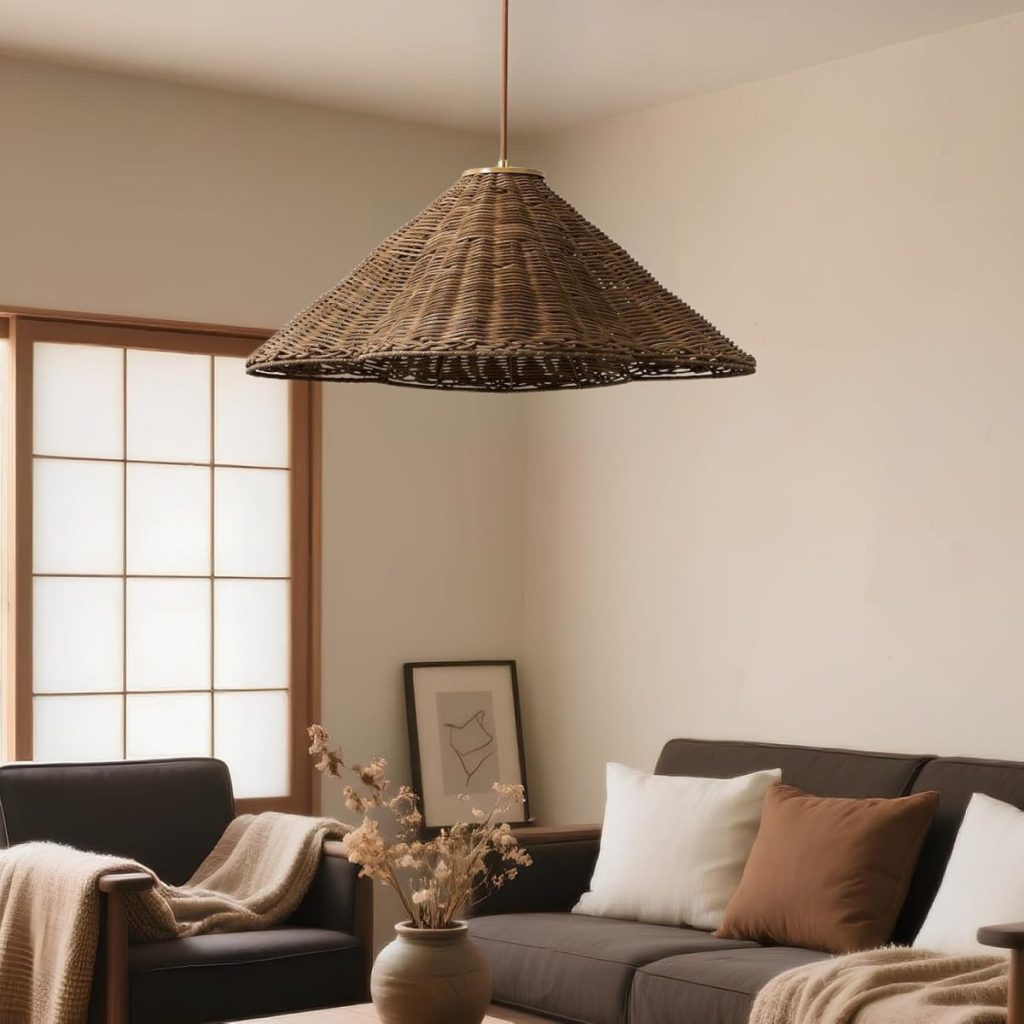 A woven wicker Serena and Lily pendant lamp hangs over a neutral-toned living room with a sofa, armchair, pillows, throw blankets, dried flowers, and a framed line drawing against a cream wall.