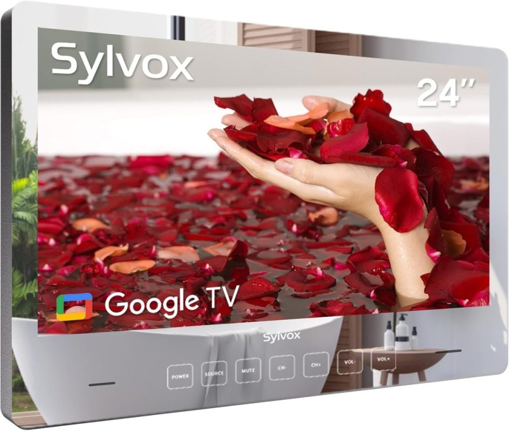 A 24-inch Sylvox Google TV screen beautifully displays rose petals in water with hands submerged, perfect for streaming your favorite Amazon Prime shows.