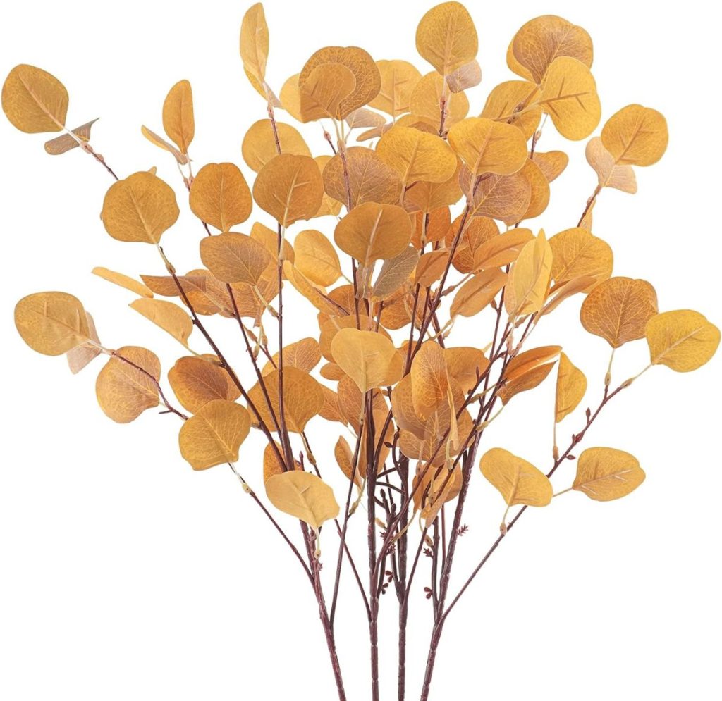 A cluster of brown branches with round, flat, yellow-orange leaves arranged in a bouquet evokes the warmth of autumn and Pumpkin Craft against a white background.