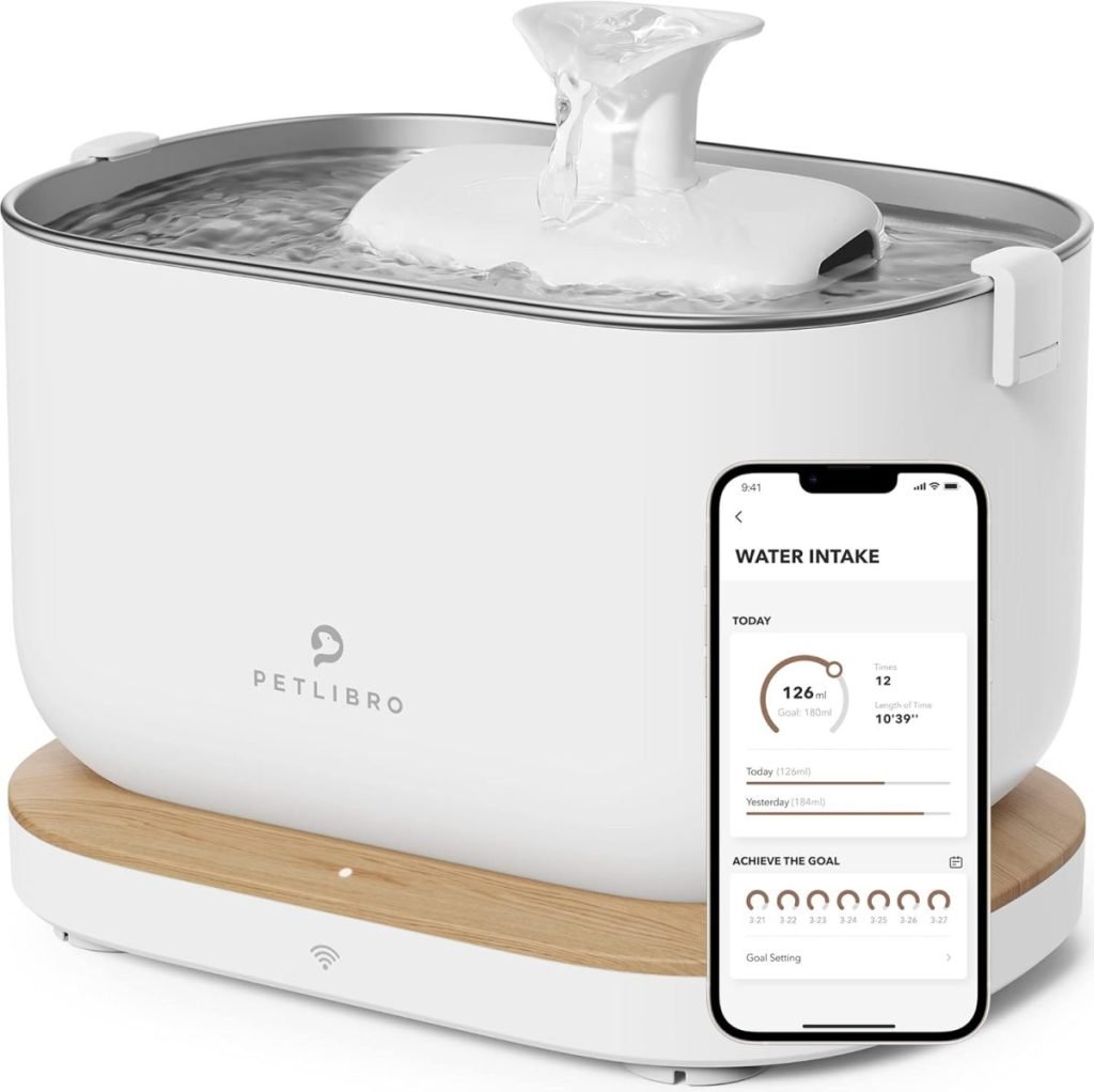 The Petlibro water fountain, available on Amazon Prime, features a mobile app to track water intake data and set hydration goals for your pet.