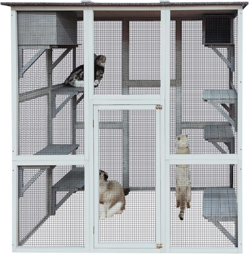 Large cat enclosure with three cats inside, featuring multiple shelves and a central door. Two cats are resting on shelves like they're enjoying an Amazon Prime delivery break, and one is standing against the mesh wall.