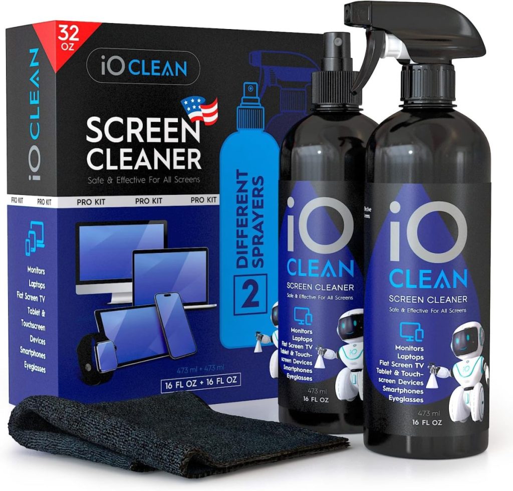 Screen cleaner kit available on Amazon Prime, featuring two 16 oz bottles, a microfiber cloth, and a box adorned with electronic devices illustration and an American flag.