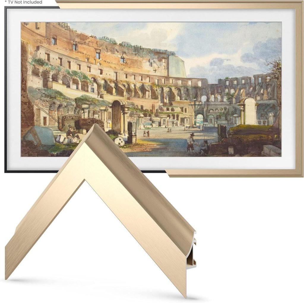 A TV displays a painting of the Colosseum with a decorative gold frame around it, shown from an angle.