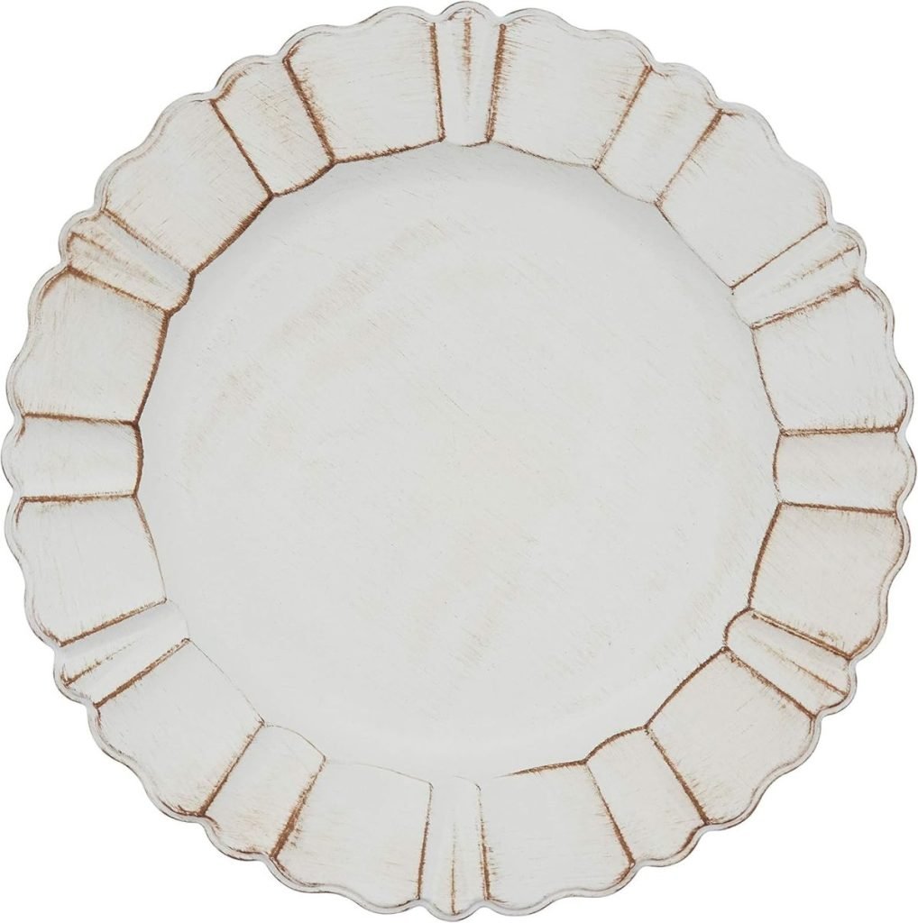 A decorative round Thanksgiving plate with a scalloped edge and an antique white finish.