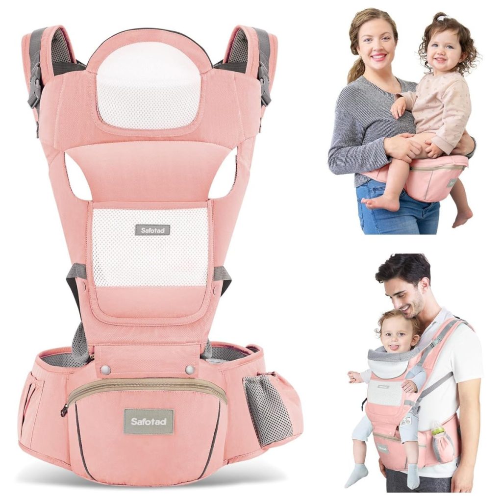 This pink ergonomic baby carrier, available on Amazon Prime, features a breathable mesh panel, convenient pockets, and adjustable straps. The images showcase a woman holding her child and a man comfortably using the carrier with his baby.