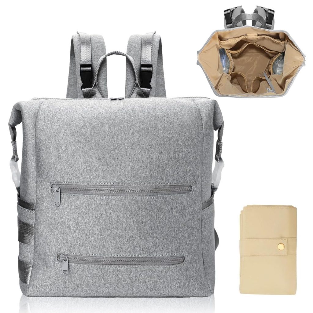 Gray backpack with multiple zippers, shown with an open top view and a folded beige accessory beside it, perfect for your next adventure. Available now on Amazon Prime for hassle-free shopping and fast delivery.