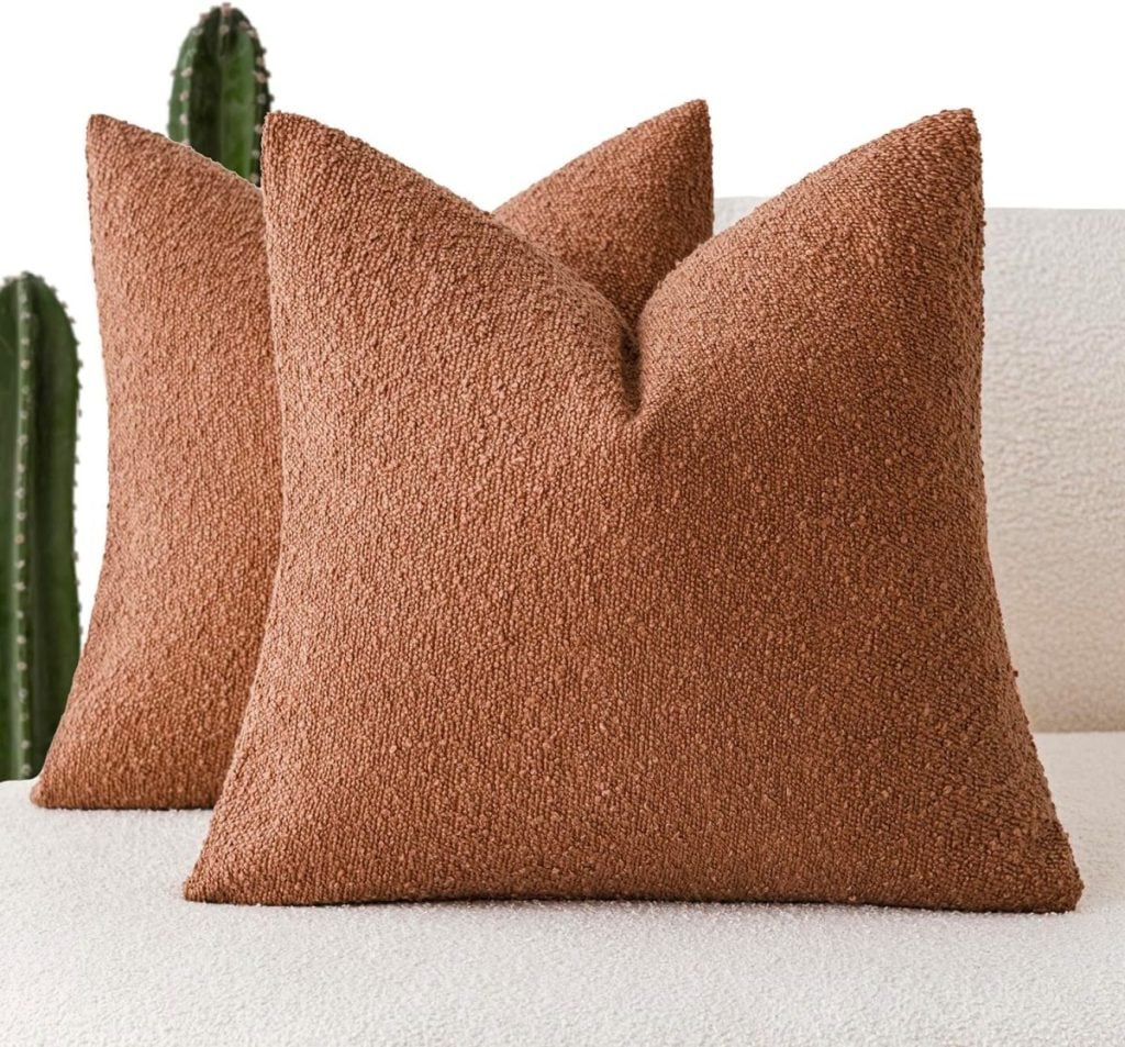 Two textured brown pillows on a light-colored sofa with a cactus in the background.