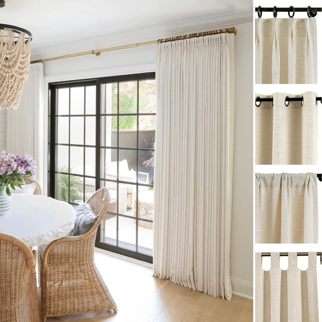 Dining area with wicker chairs around a white table, set adjacent to large, black-framed glass doors with beige curtains. Insets show three types of beige curtain hanging styles.