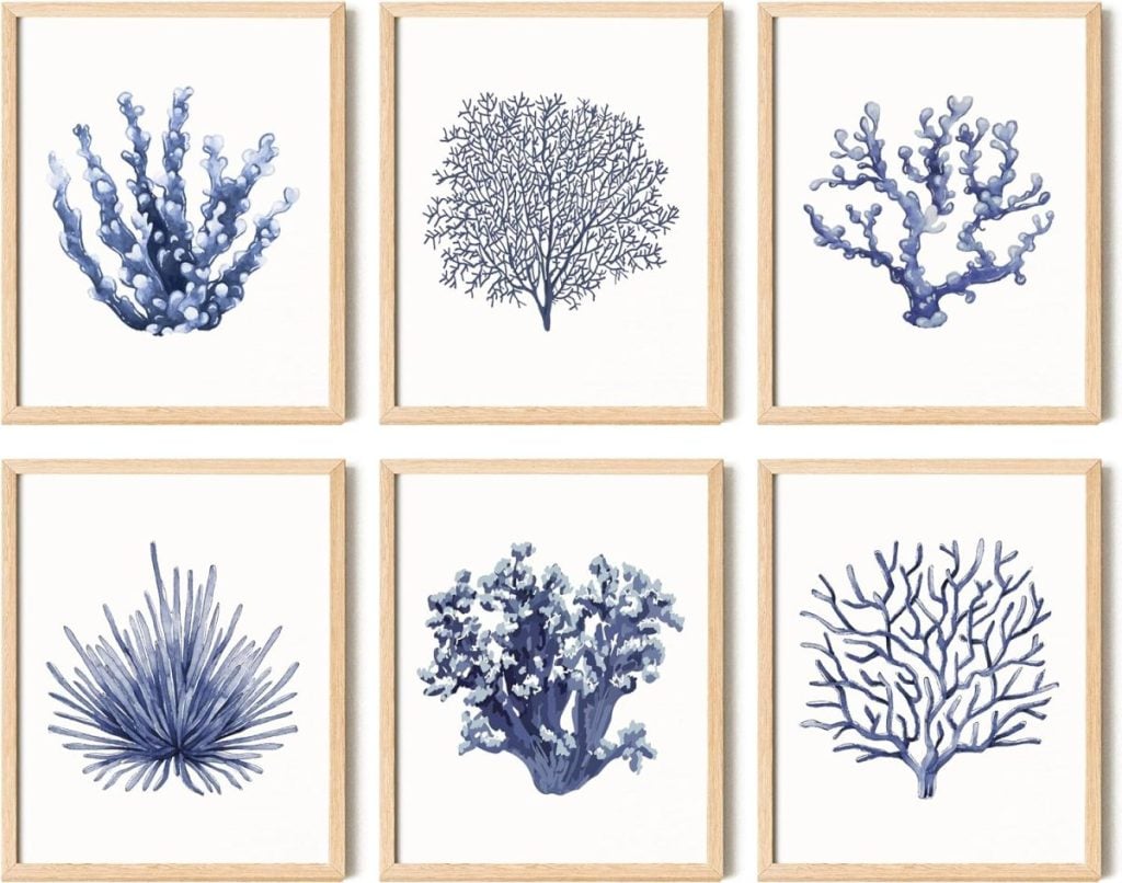 A set of six framed prints featuring different blue and white coral illustrations arranged in two rows.