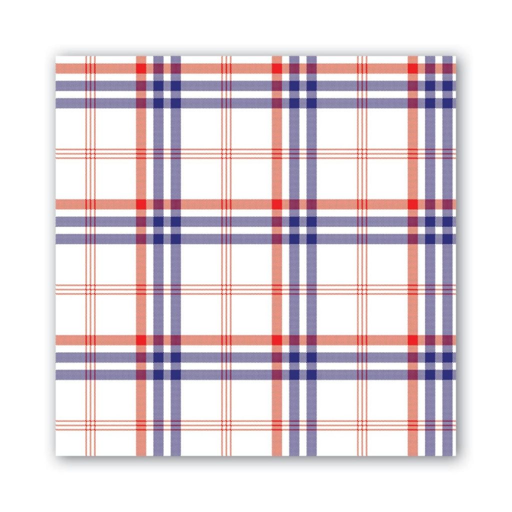 A square pattern featuring intersecting red, blue, and thin orange lines on a white background, evoking a plaid design perfect for accenting pumpkin craft projects.