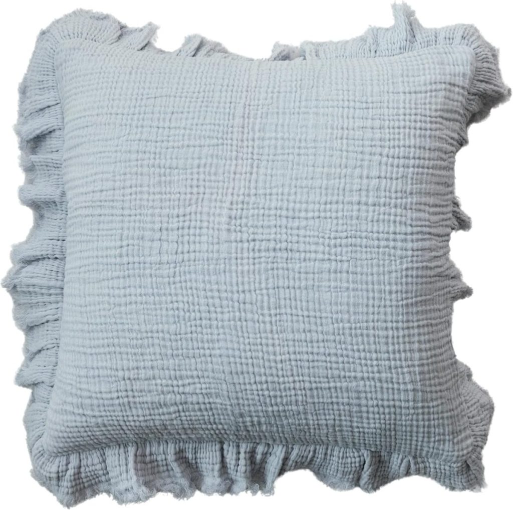 Light blue square pillow with a textured, crinkled fabric and ruffled edges, inspired by Serena and Lily’s relaxed coastal style.