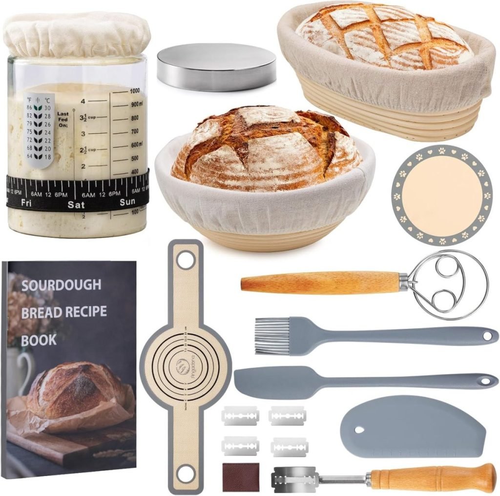 A sourdough bread making kit including a jar, bread, banneton, recipe book, dough scraper, scoring tool, whisk, brush, and measuring rings.