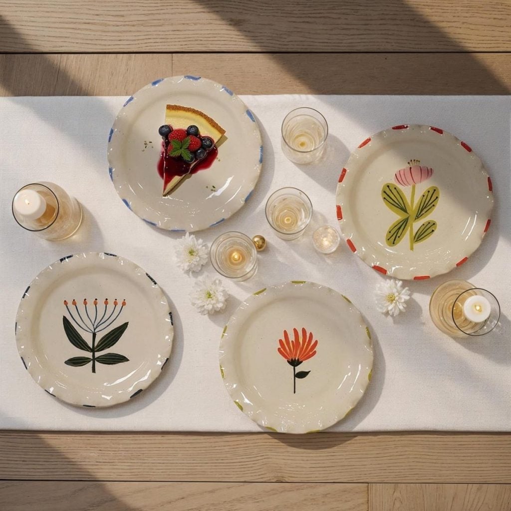 Four floral-patterned plates, one holding a slice of berry-topped cake with a hint of sourdough pie crust, are arranged on a white tablecloth with candles, glasses, and small white flowers.