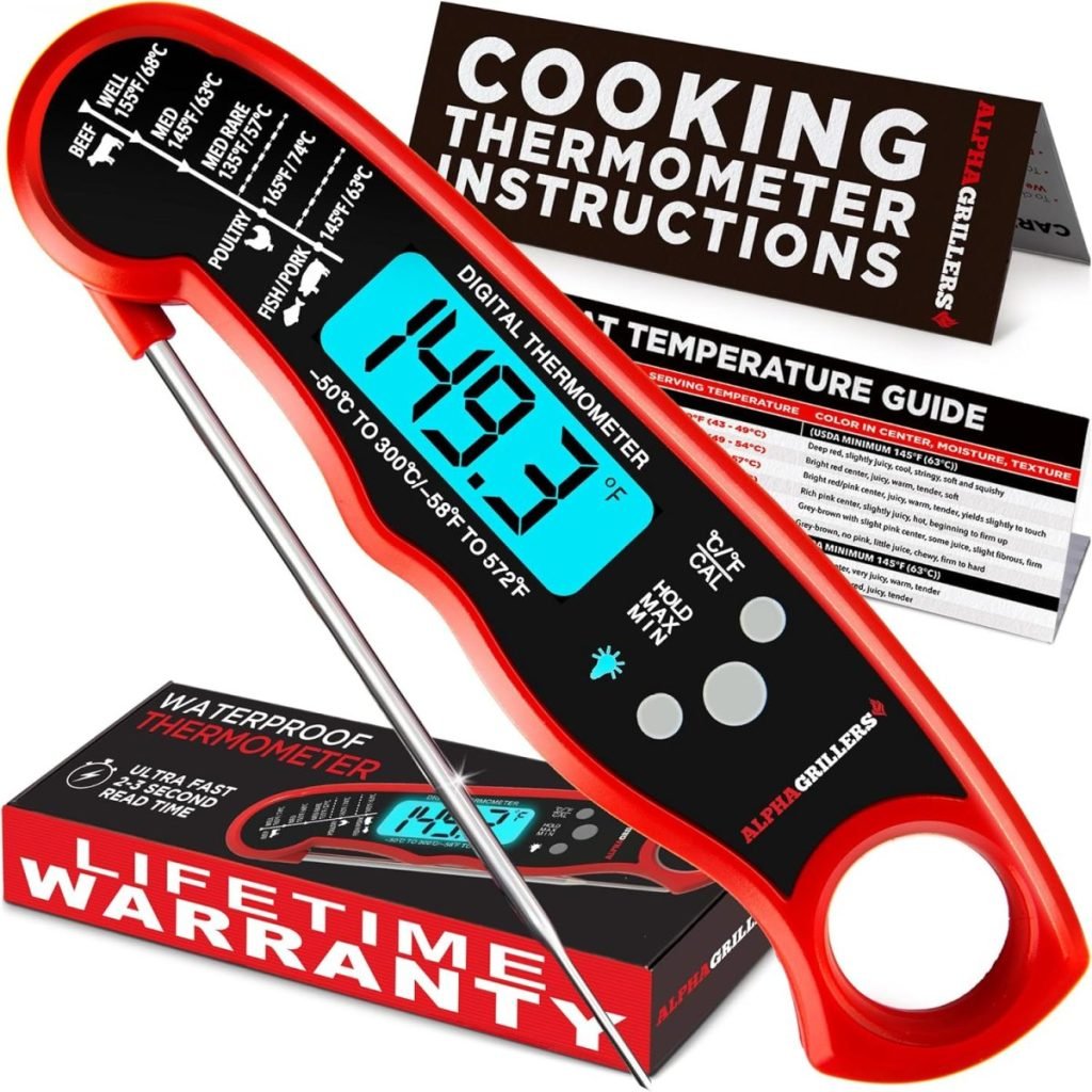 Digital cooking thermometer with a red handle, displaying a temperature of 149°F. The packaging highlights waterproof features, a temperature guide, and a lifetime warranty.