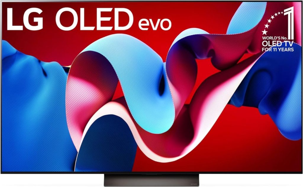 LG OLED evo TV with a vibrant, colorful abstract design on the screen and a banner proudly declaring it as the world's number one OLED TV for 11 years. Now available on Amazon Prime, bringing brilliance to your living room faster than ever.