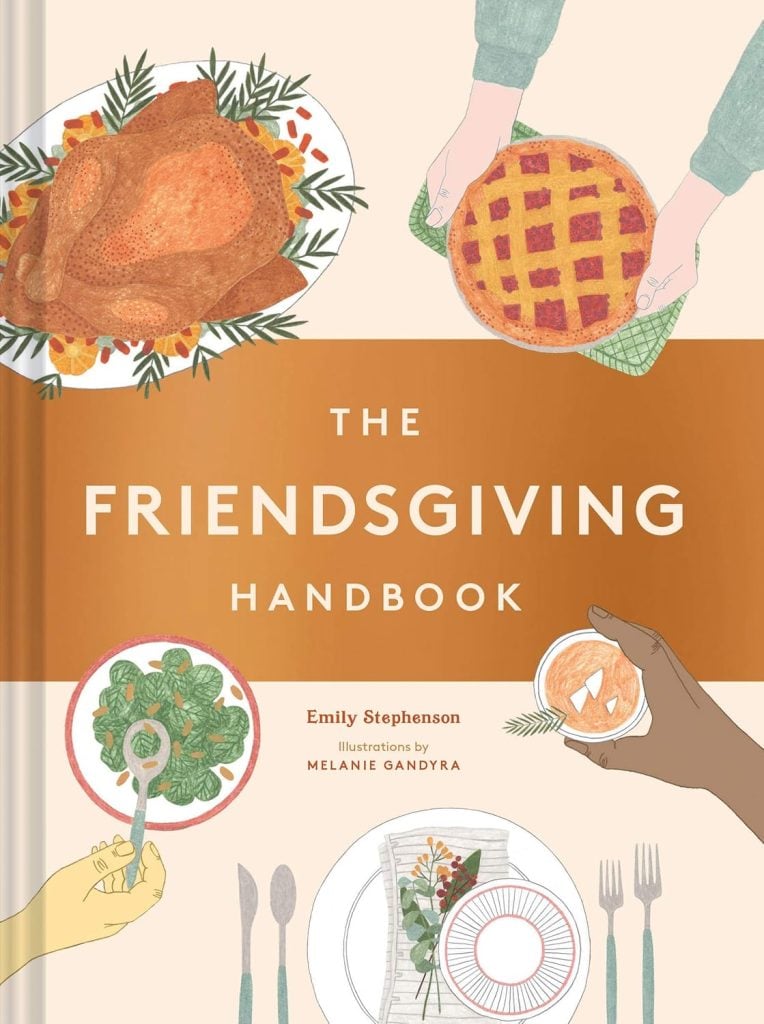 Cover of "The Friendsgiving Handbook" showcasing delightful illustrations of a turkey, pie, and plates of food, with hands eagerly reaching in—perfect for gathering inspiration and Friendsgiving ideas.