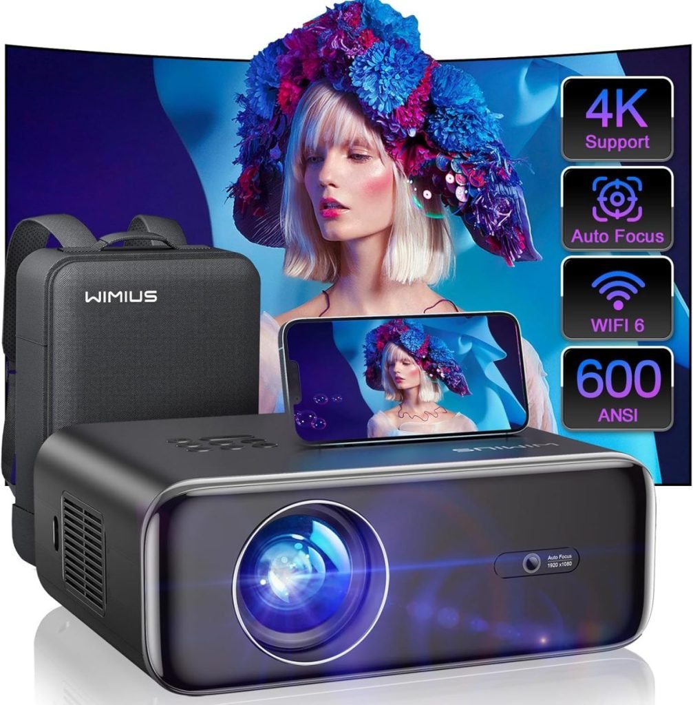 Projector displaying a colorful image of a woman with blue accessories, featuring 4K support, auto focus, WiFi 6, and 600 ANSI brightness. Comes with a carrying case and mobile screen, perfect for streaming your favorite shows on Amazon Prime.