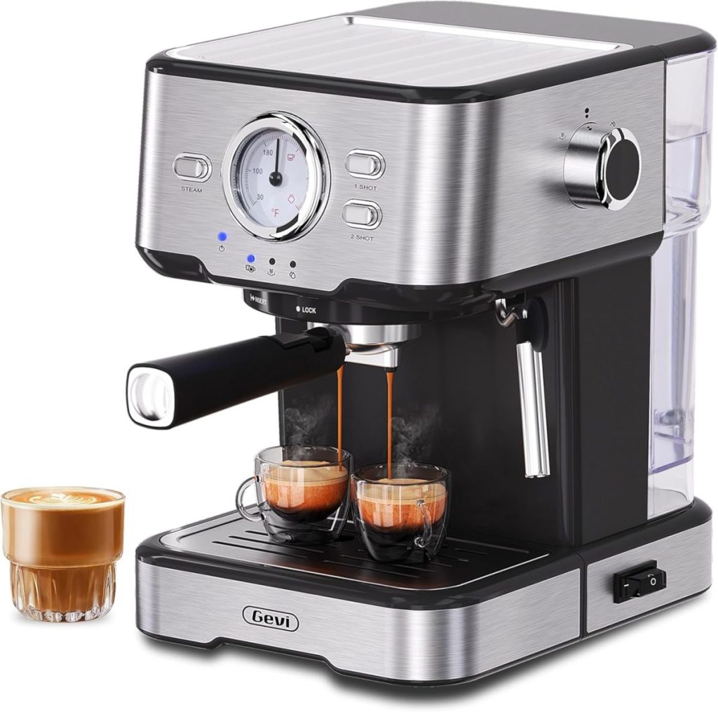 A stainless steel espresso machine pours coffee into two glass cups, with a cappuccino in another cup nearby—perfect for an Amazon Prime morning ritual.