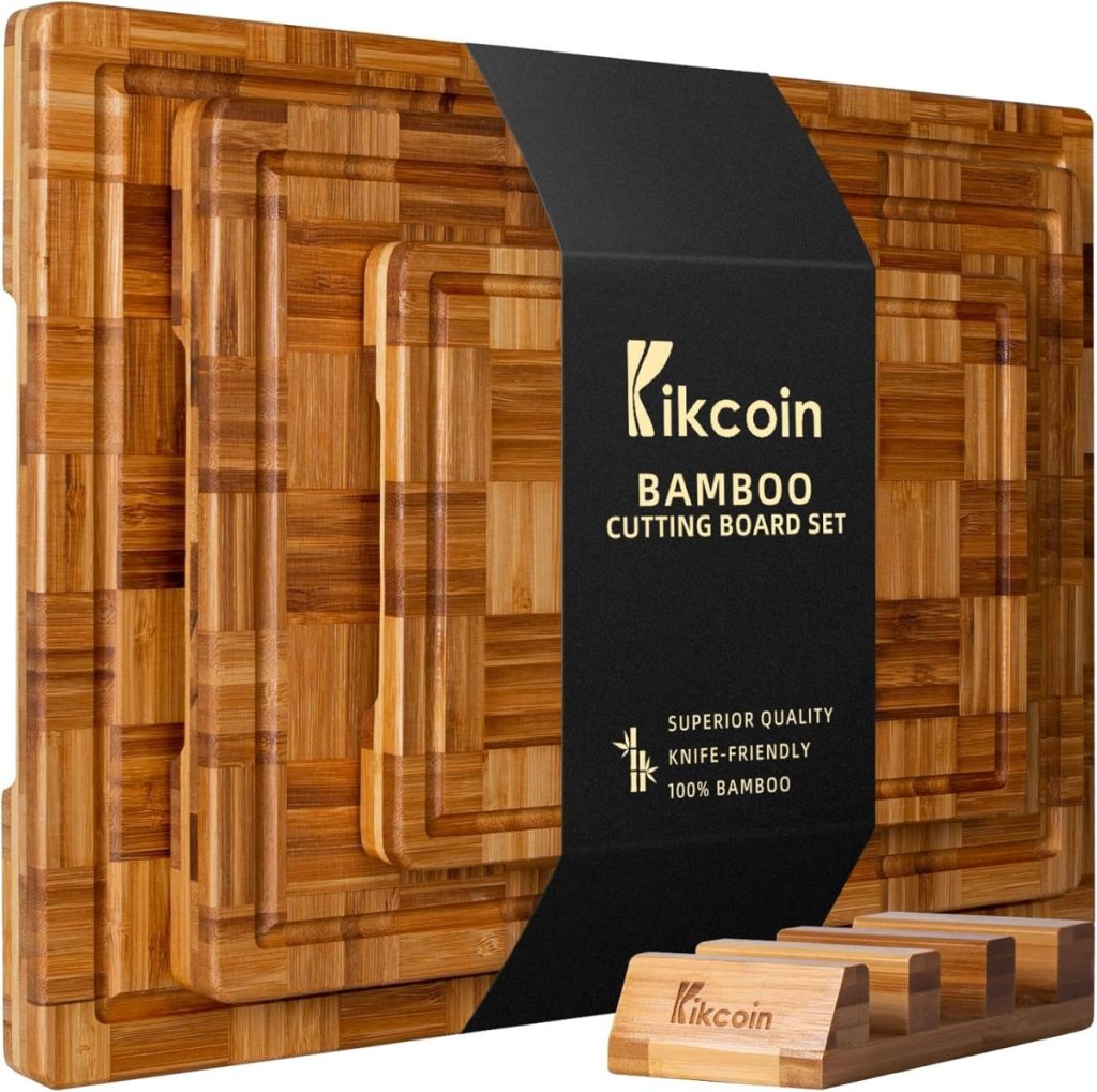 The Kikcoin bamboo cutting board set, available on Amazon Prime, offers various sizes and a knife-friendly design.