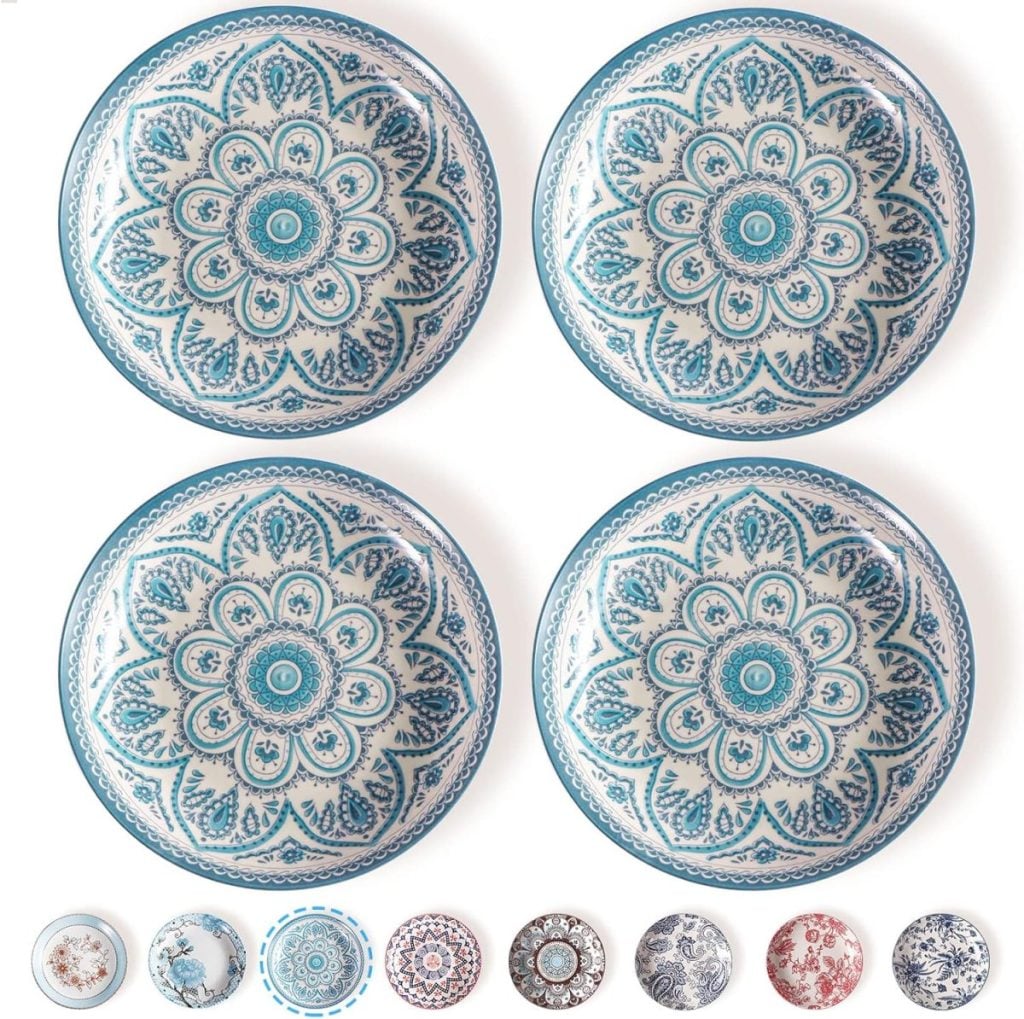 Four ceramic plates with intricate blue mandala patterns, perfect for serving your favorite fall soup recipes, displayed in a grid; additional plates with different designs shown in a row at the bottom.