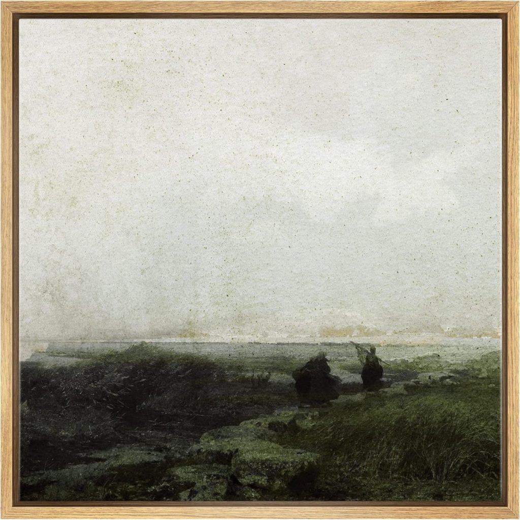 A framed painting of a misty landscape with two figures walking along grassy terrain under an overcast sky.