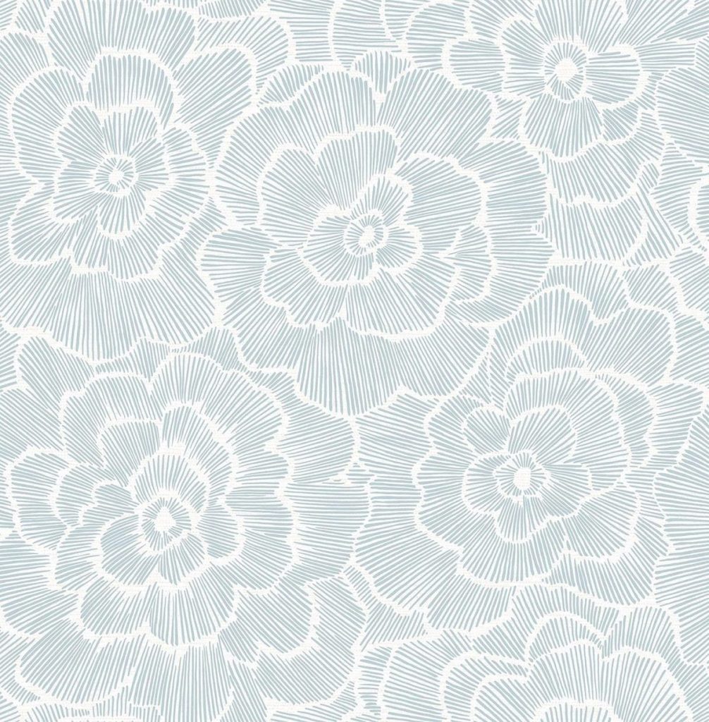 A seamless floral pattern with large, intricate flowers composed of thin, white lines on a light grey background.